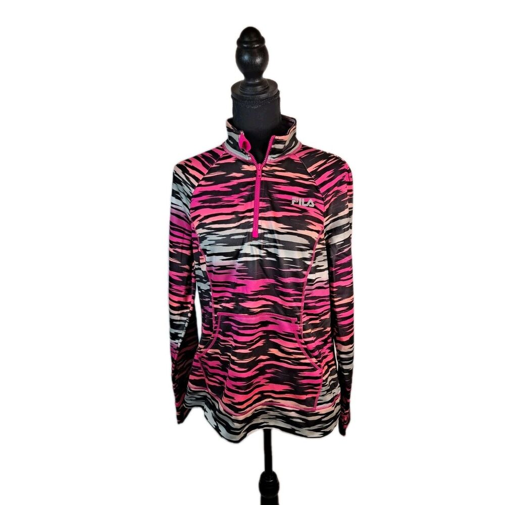 Fila Sport Women's Sz L Performance Jacket Quarter Zip Mock Neck Zebra Stripe